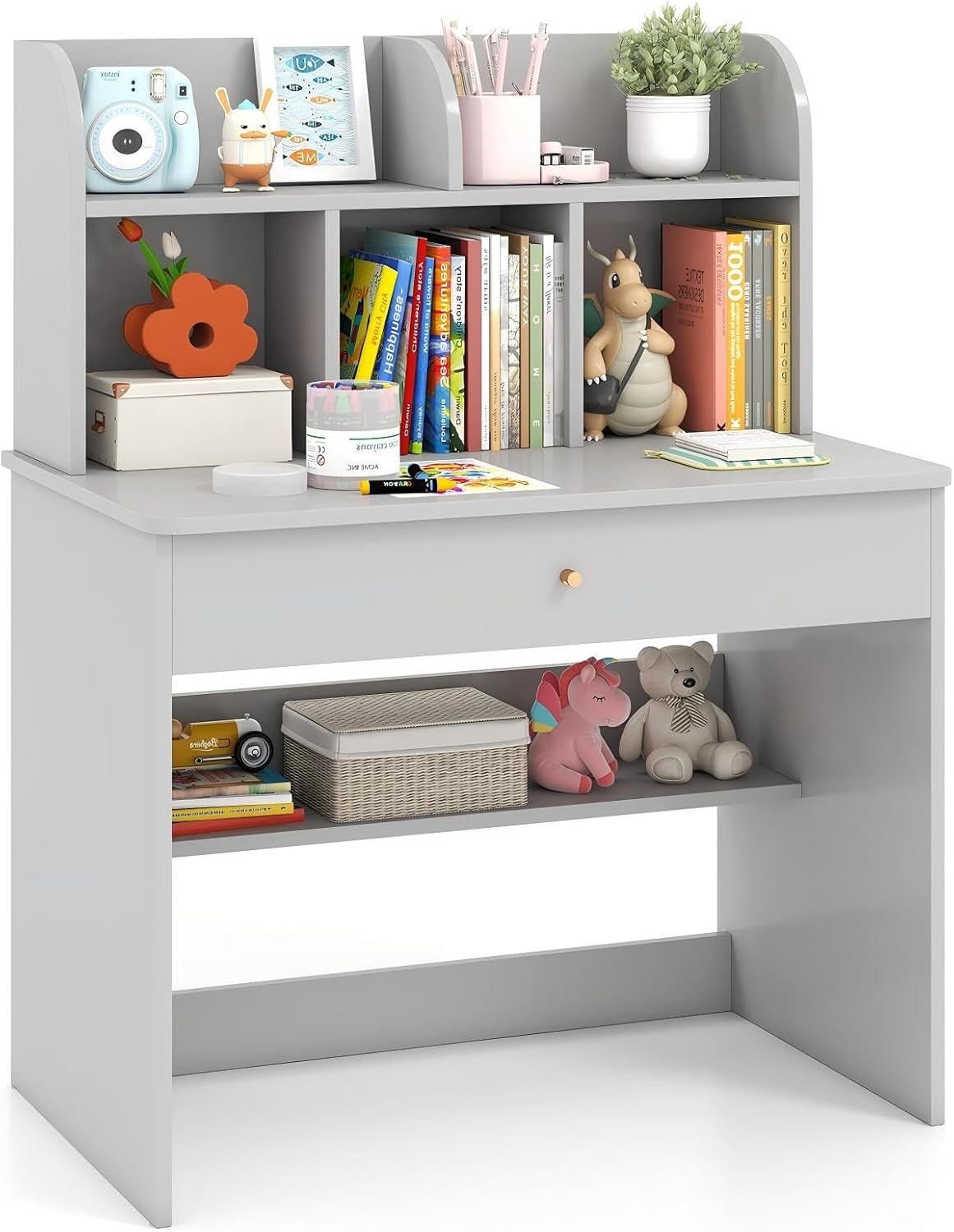 Bureau Enfant Avec étagères Et Tiroir - Dimensions 80x48x102 Cm - 5 étagères Ouvertes, Tiroir Coulissant - Stable, Anti-basculement - Coloris Gris - Pour Filles Et Garçons - 14