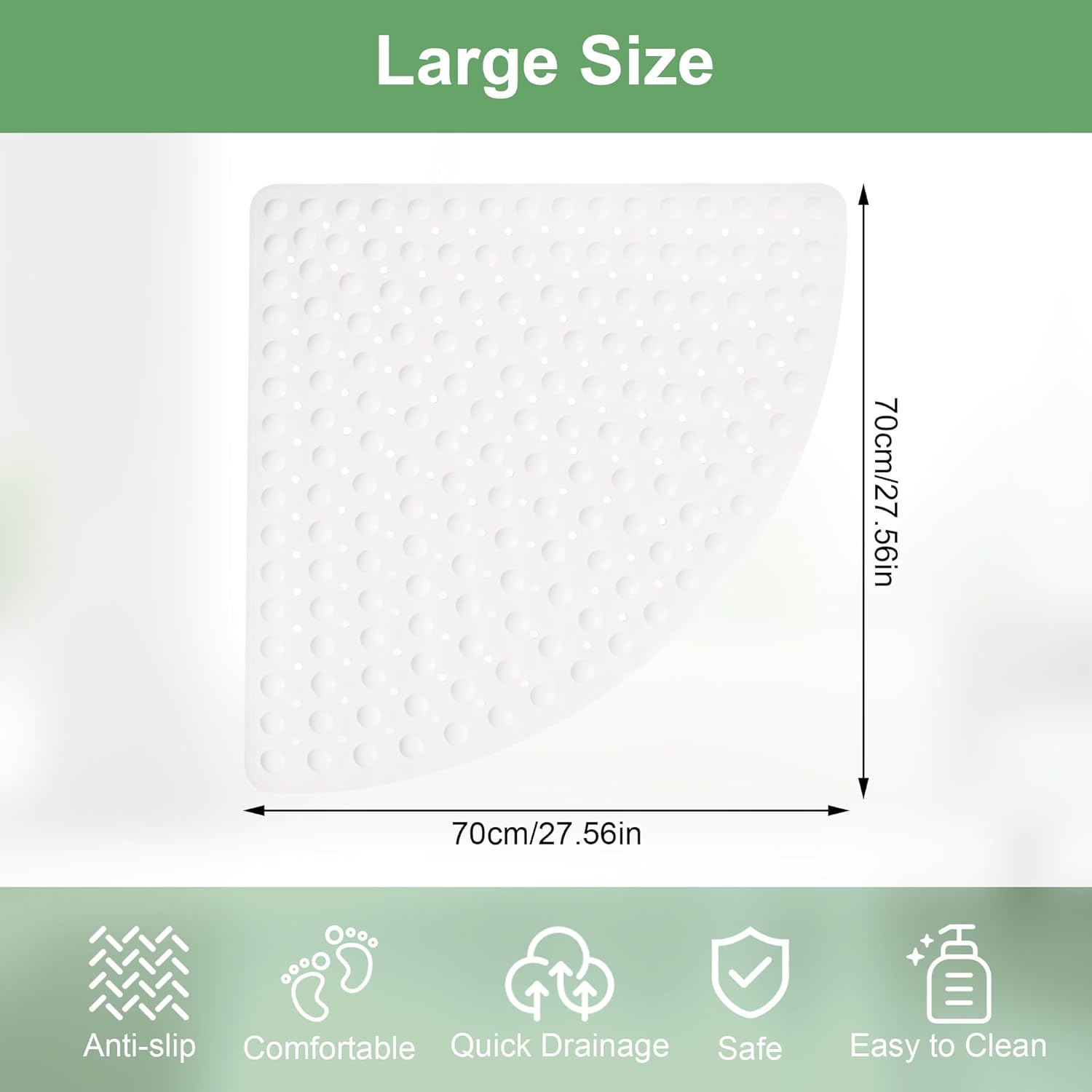Tapis de Douche d'angle Antidérapant 70x70 cm, avec Ventouses et Trous de Drainage, pour la Douche Intérieure, Tapis de Douche Antidérapant, Blanc - 2