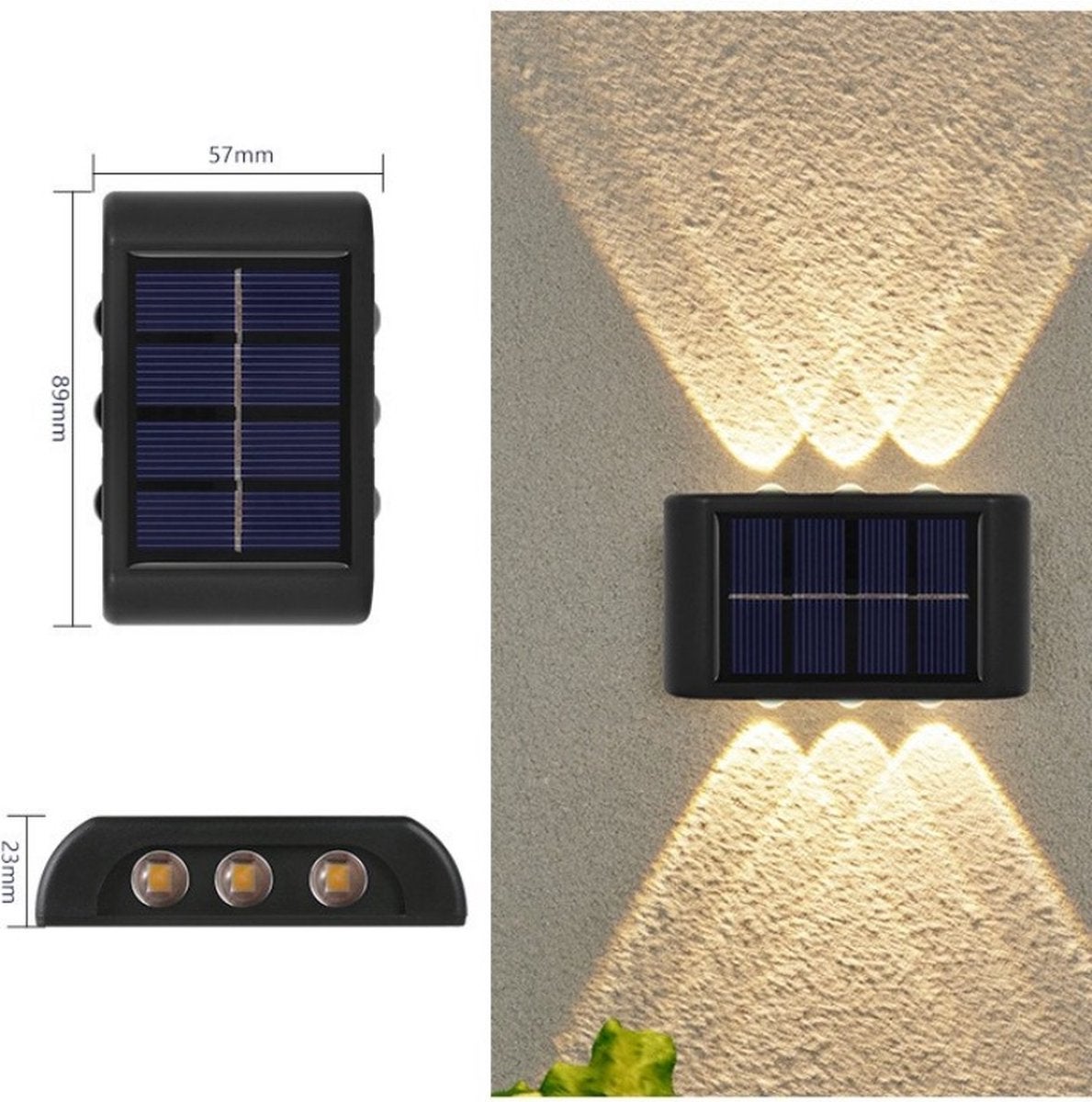 Lampă solară de perete cu 2 piese, iluminat de grădină, impermeabilă IP65, lumină albă caldă, cu senzor zi/noapte, neagră