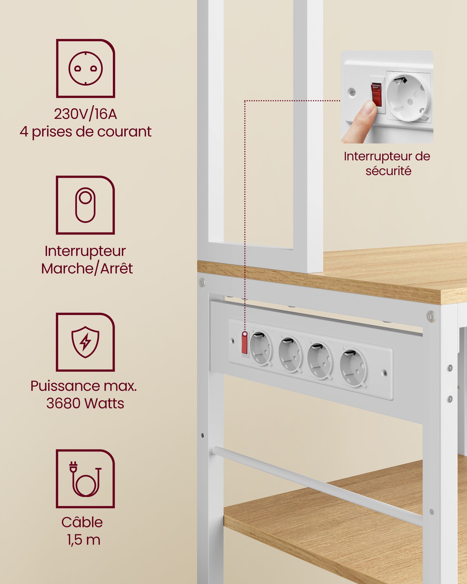 Étagère de Cuisine avec Multiprise, Bar à Café avec Étagères Réglables, 40 x 80 x 180,4 cm,Blanc - 6