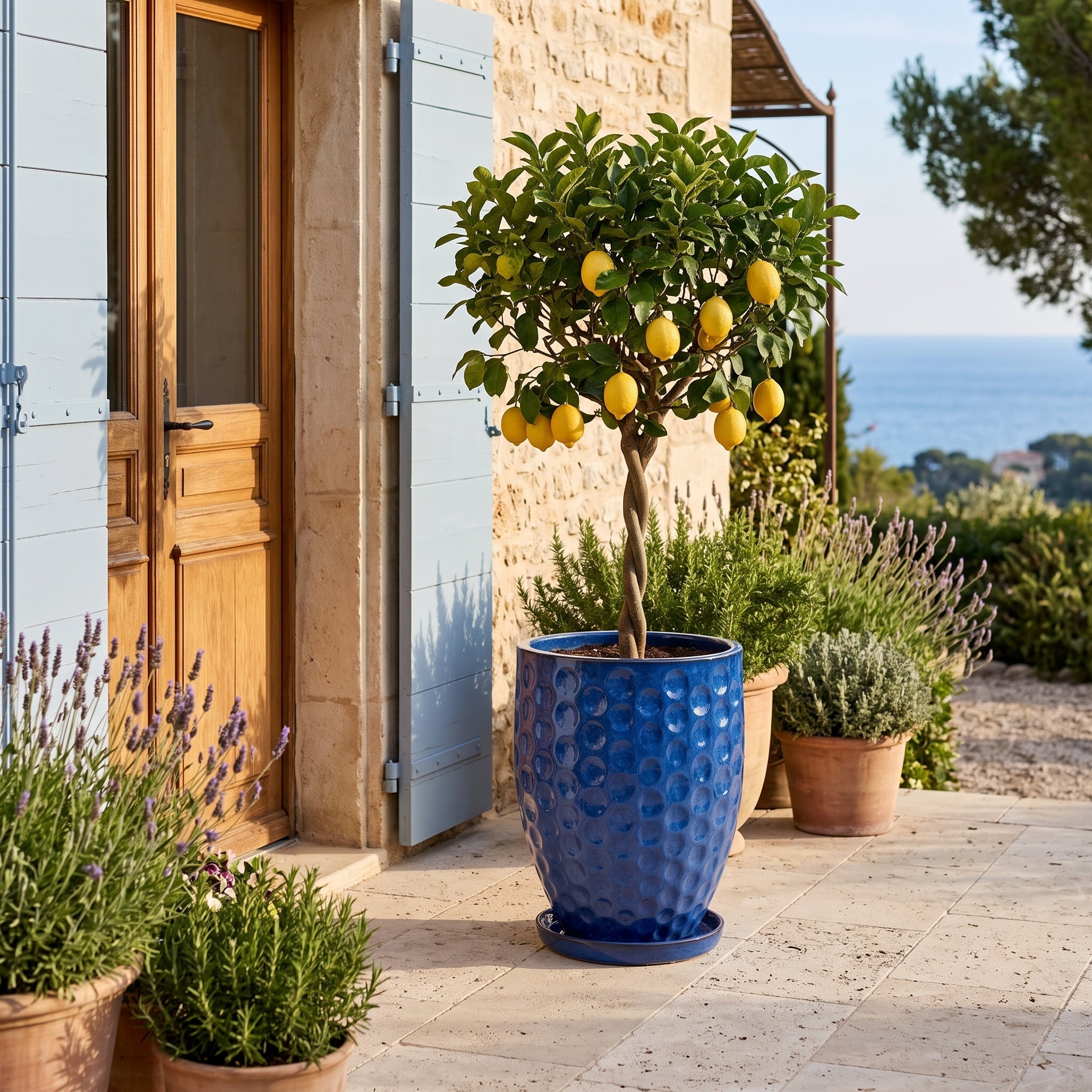Pot grande taille d'extérieur MEROVEE 42x55cm bleu azur, fait main en terre cuite émaillée, résistant au gel - 3