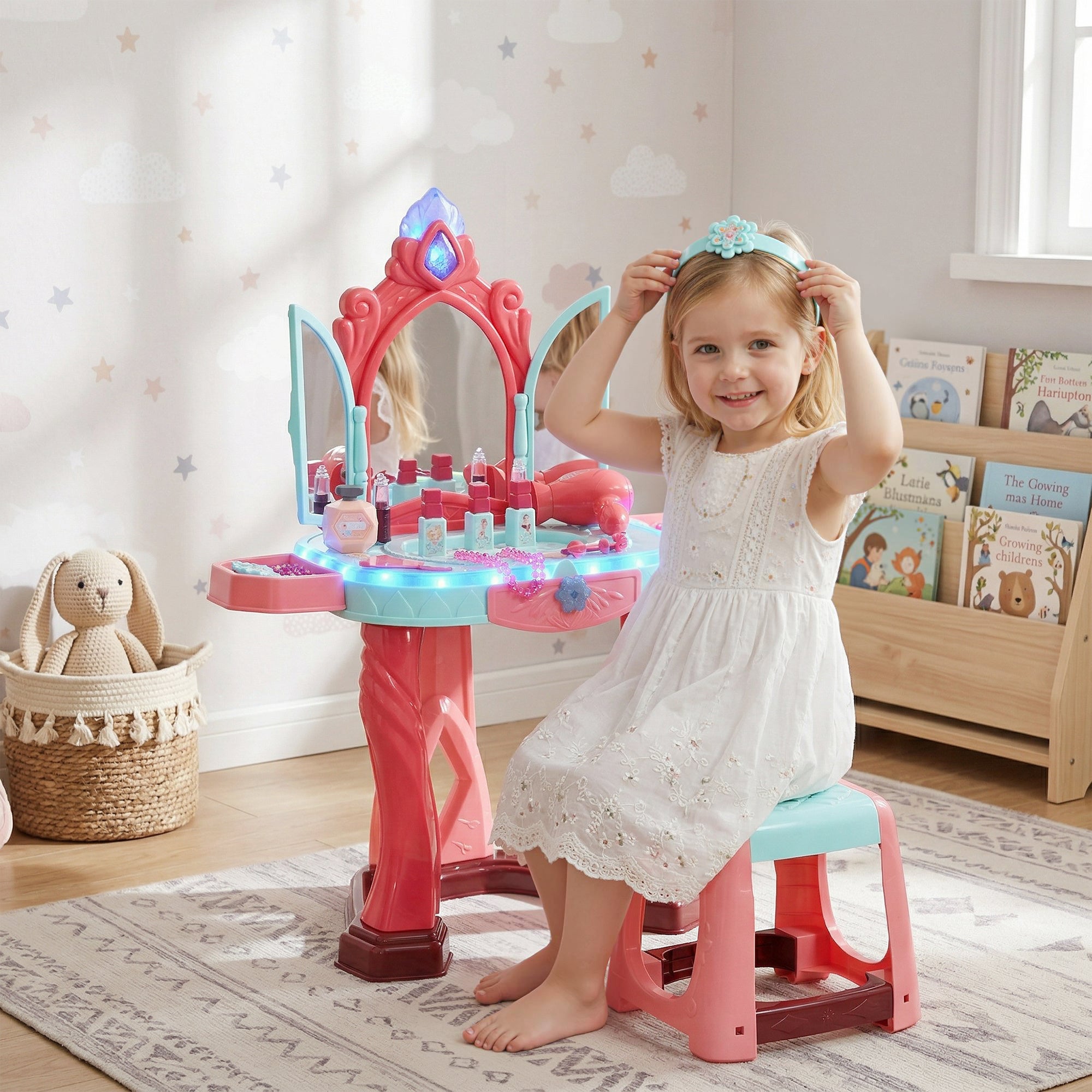 Aiyaplay Tocador De Juguete Para Niñas De +3 Años Con Taburete Espejo Luz Música Y Secador Azul/Rosa/Rojo , Leroy Merlin