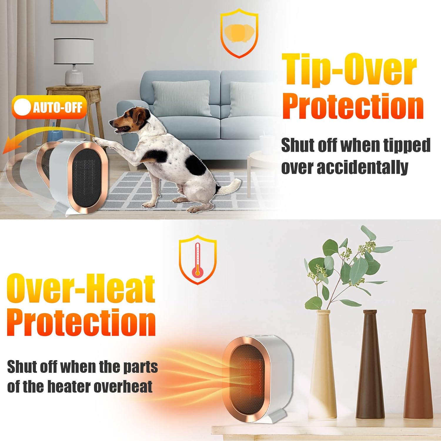 Ogrzewacz elektryczny do wnętrz, mały przenośny ogrzewacz do użytku domowego, z zabezpieczeniem przed przegrzaniem i przewróceniem, biały - 5