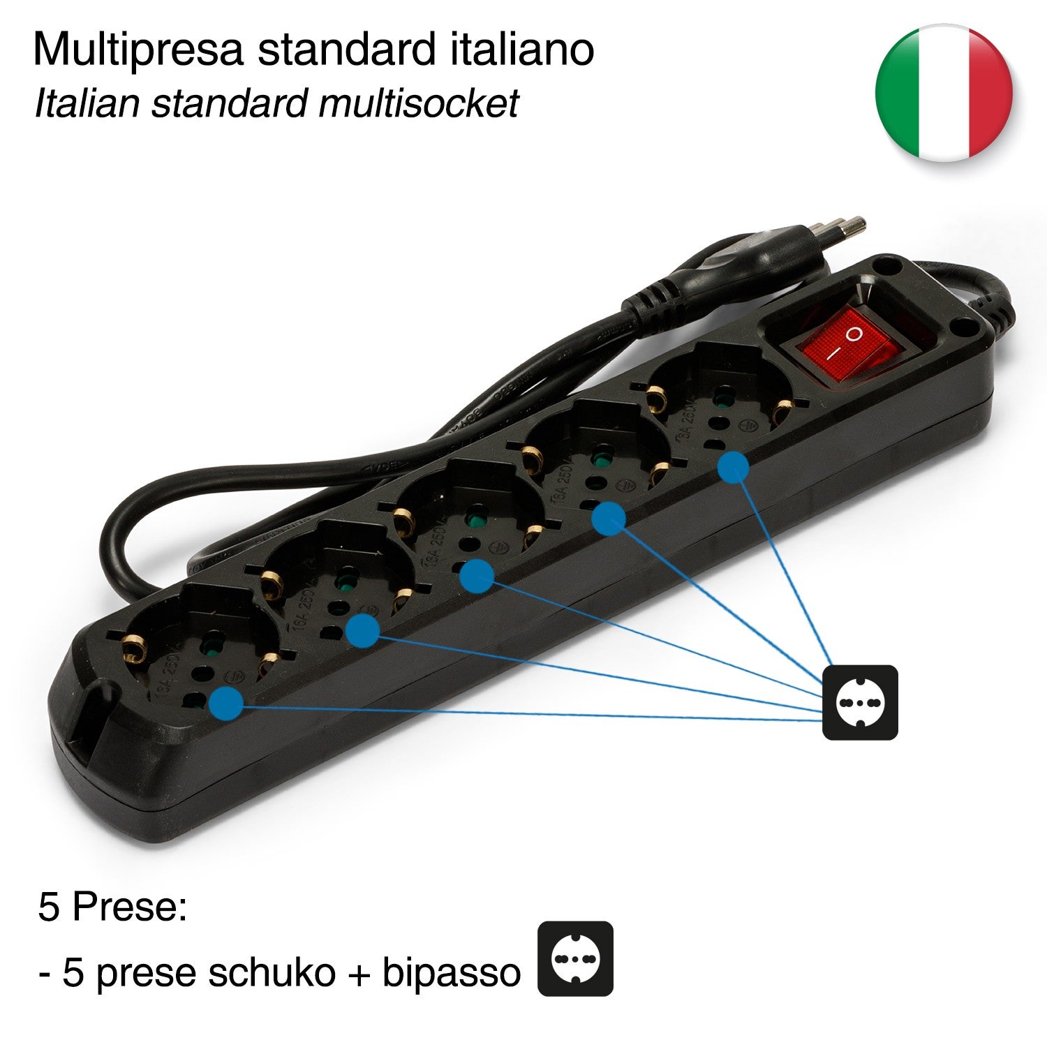 Multiprise italienne 5 schuko + 10/16A. Avec interrupteur, câble 1m et fiche 16A - 8