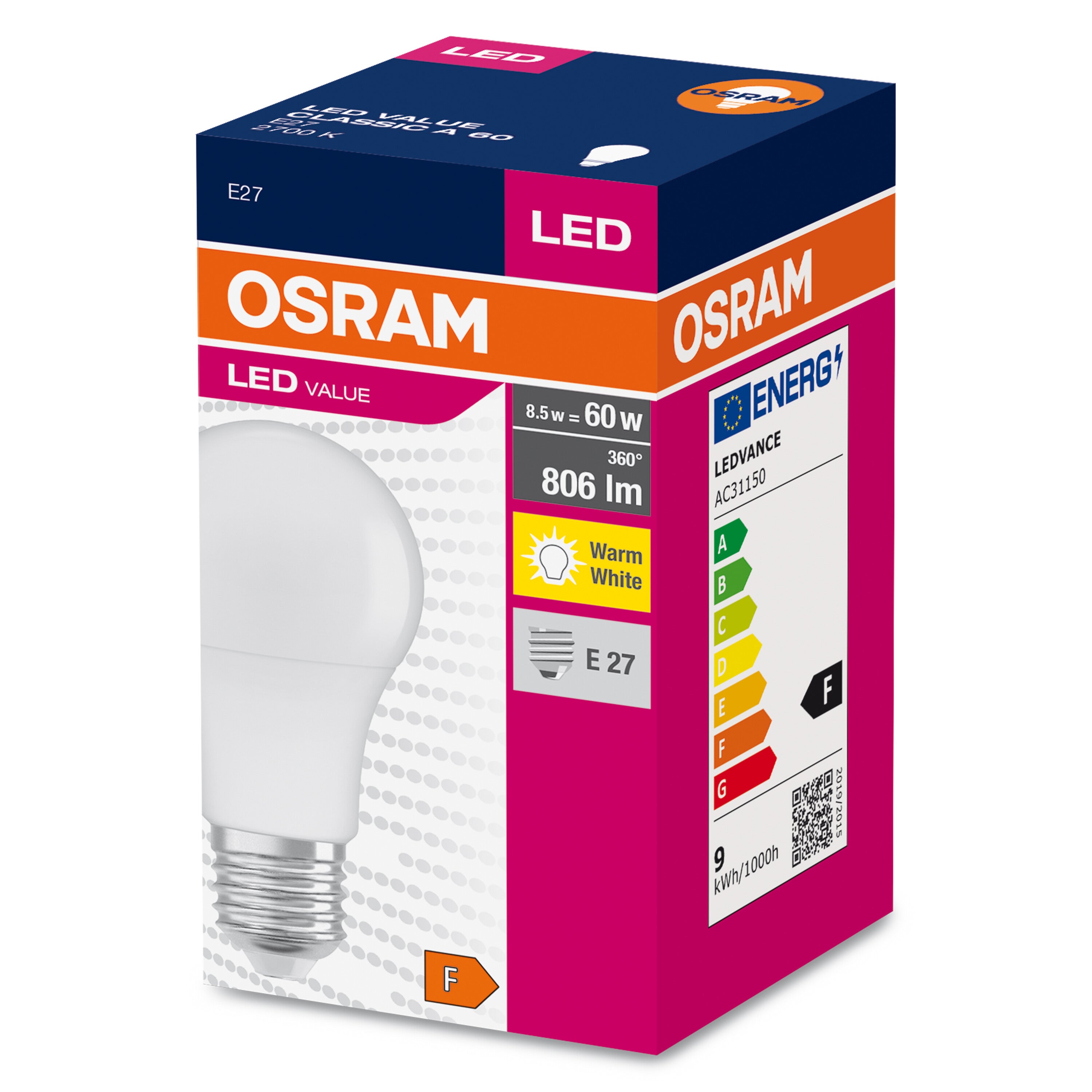 Lâmpada LED E27 8.5W 806 lm A60 OSRAM Parathom Value Classic 4052899326842 Blanc Chaud 2700K 200º - 2