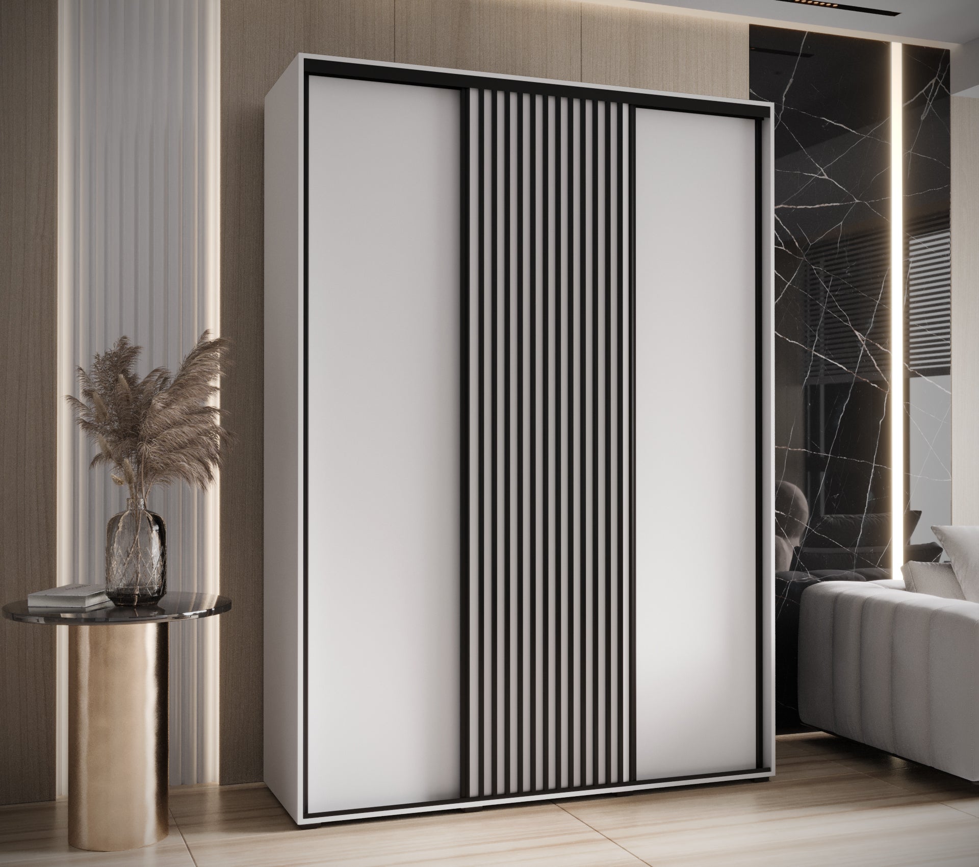 Szafa przesuwna wysoka Lanko 1 180 x 60 x 235,2 cm biały + biały + lamele czarny - Abiks Meble - 2
