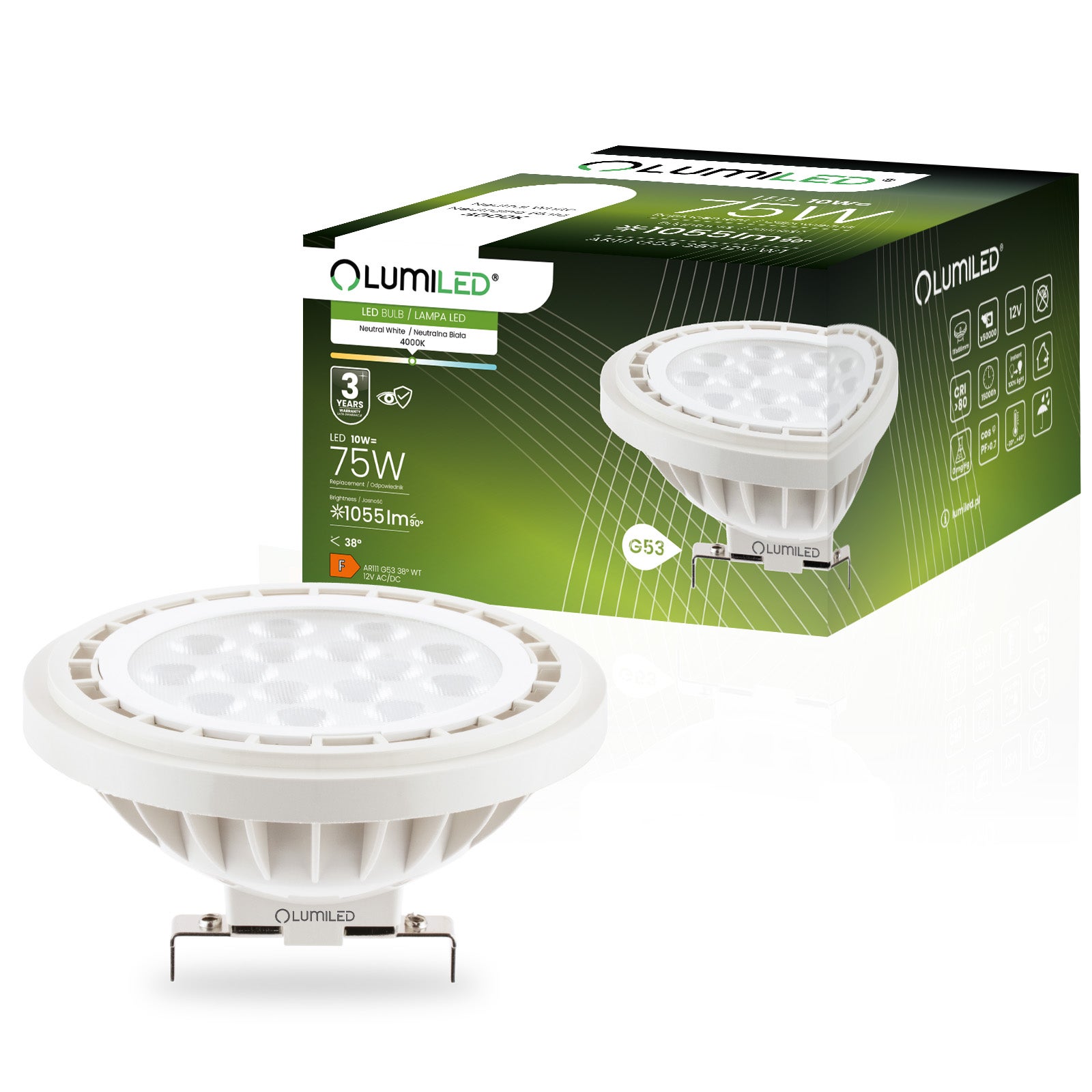 Żarówka LED Lumiled G53 Reflektor AR111 10W 1055lm 4000K Neutralna biel 38st 12V 1 szt.