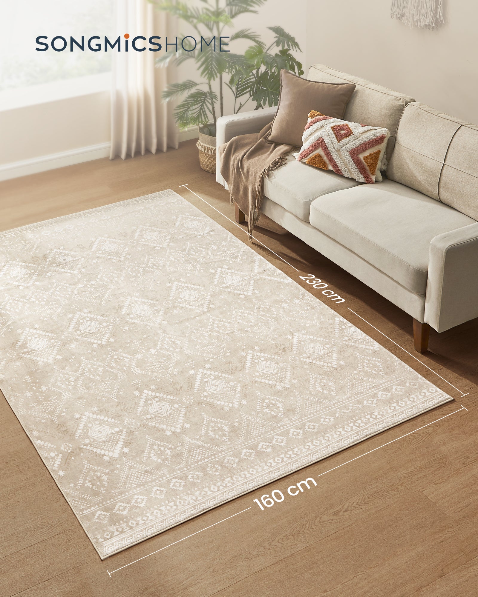 Tapis Décoratif, Tapis de Chambre 160 x 230 cm, Tapis de Salon, Tapis antidérapant, pour Salon, Lavable en Machine, Style Bohème, Beige Cappuccino - 2