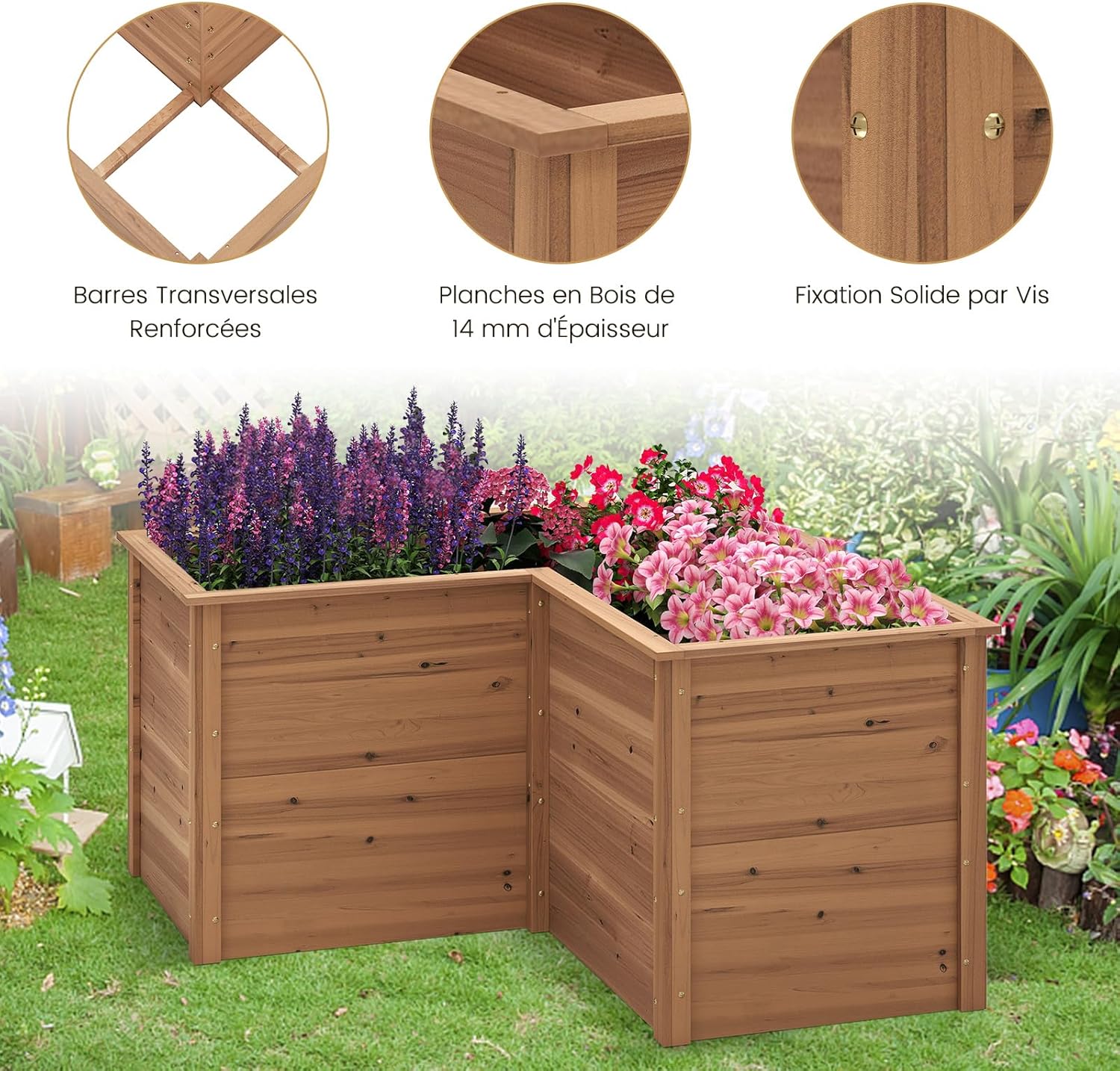 Carré Potager Jardinière en Bois de Sapin Base Ouverte en L, Jardinière Surélevée pour Légumes Fruits, 120 x 120 x 62 cm (Marron) - 5