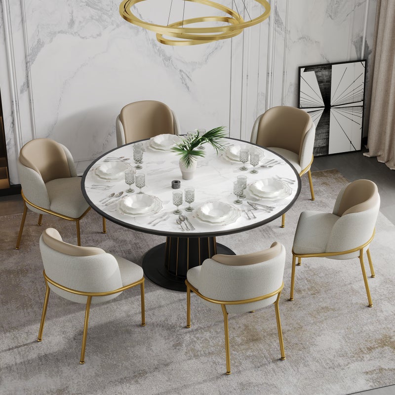 Komplet 6 krzeseł do jadalni z podłokietnikami - 55 x 55 x 85 cm - Eko skóra i złote metalowe nogi - Beżowy