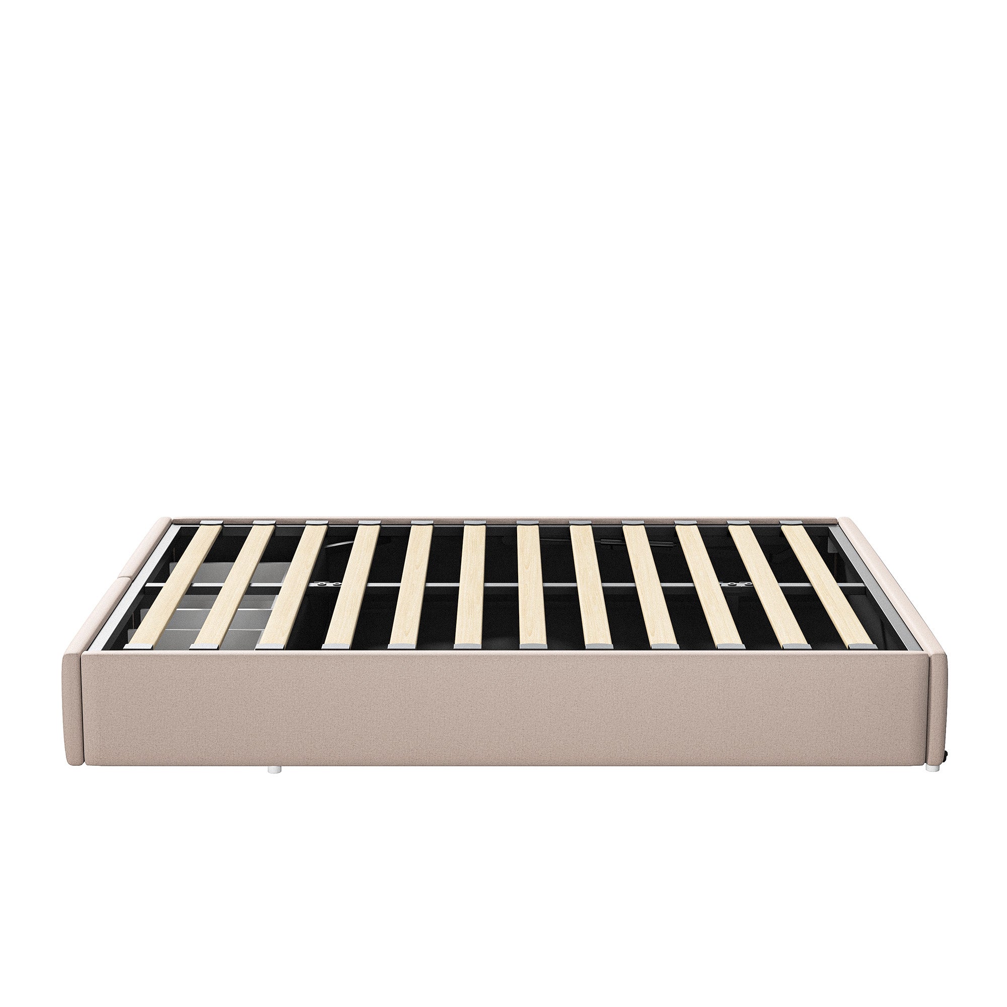 Cama canapé 160x200 cm con sistema hidráulico, 2 cajones, somier de láminas, estructura de metal, tapizada en lino - Beige - 6