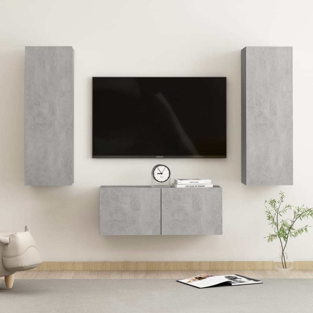 Meuble TV 4 Pièces Gris Béton En Bois D'ingénierie - Design Mural, Rangement Moderne Pour Salon