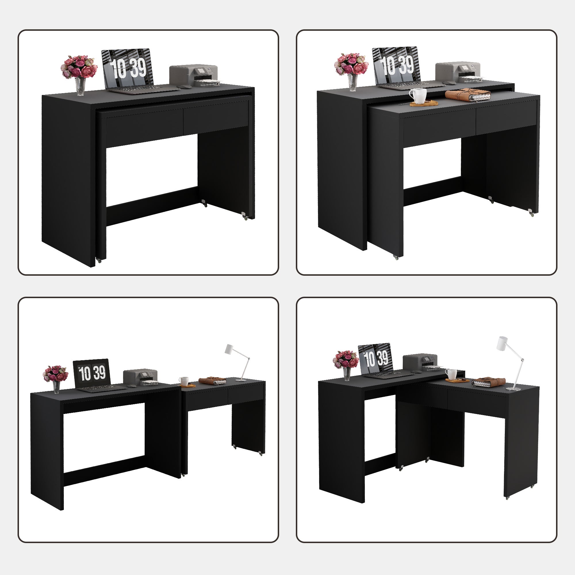 Bureau extensible 110x40x78 cm, bureau gigogne avec roulettes et 2 tiroirs, noir - 8