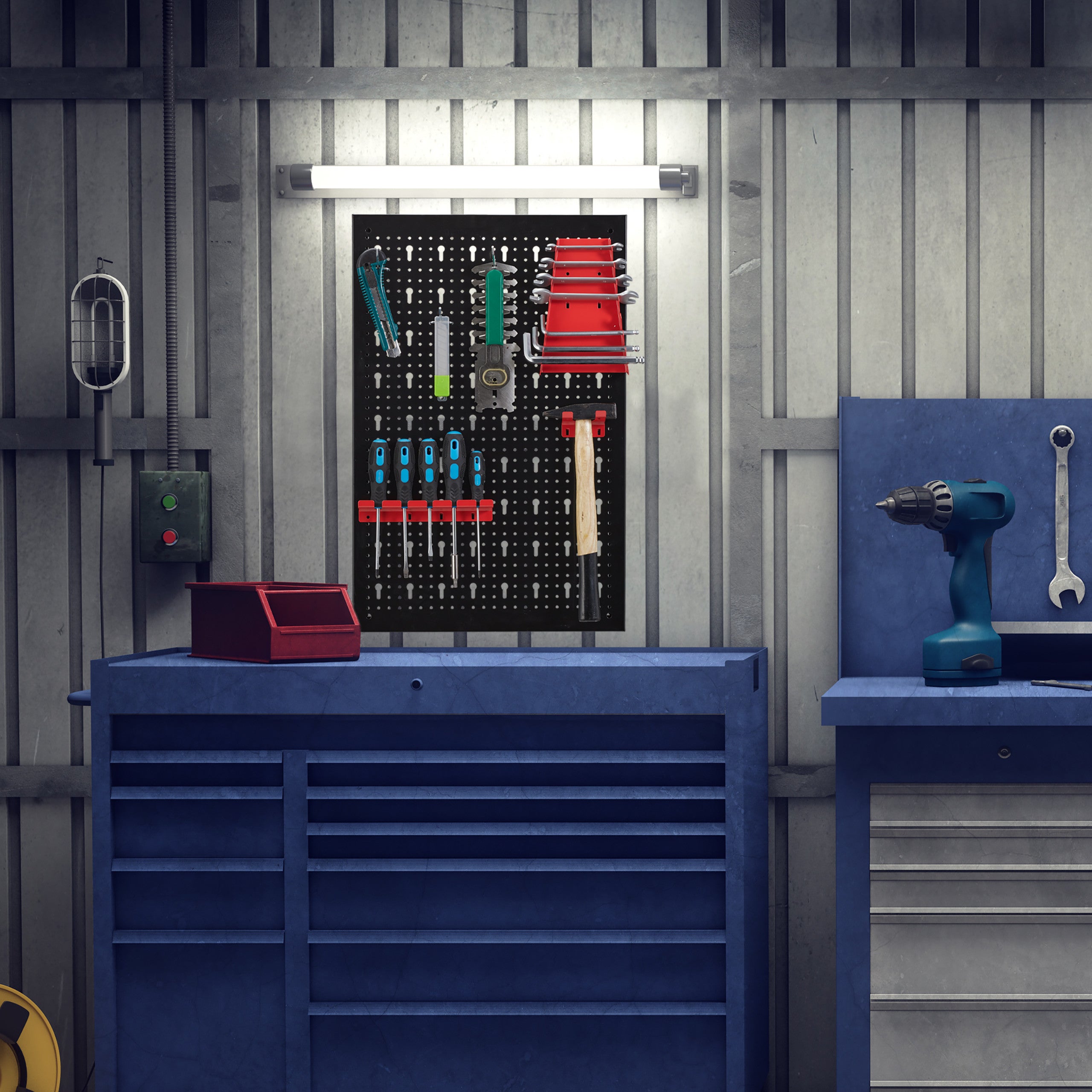 Parede de ferramentas 3 peças, com ganchos de 17 peças, parede 60 x 39 cm, metal, preto-vermelho, Relaxdays - 2