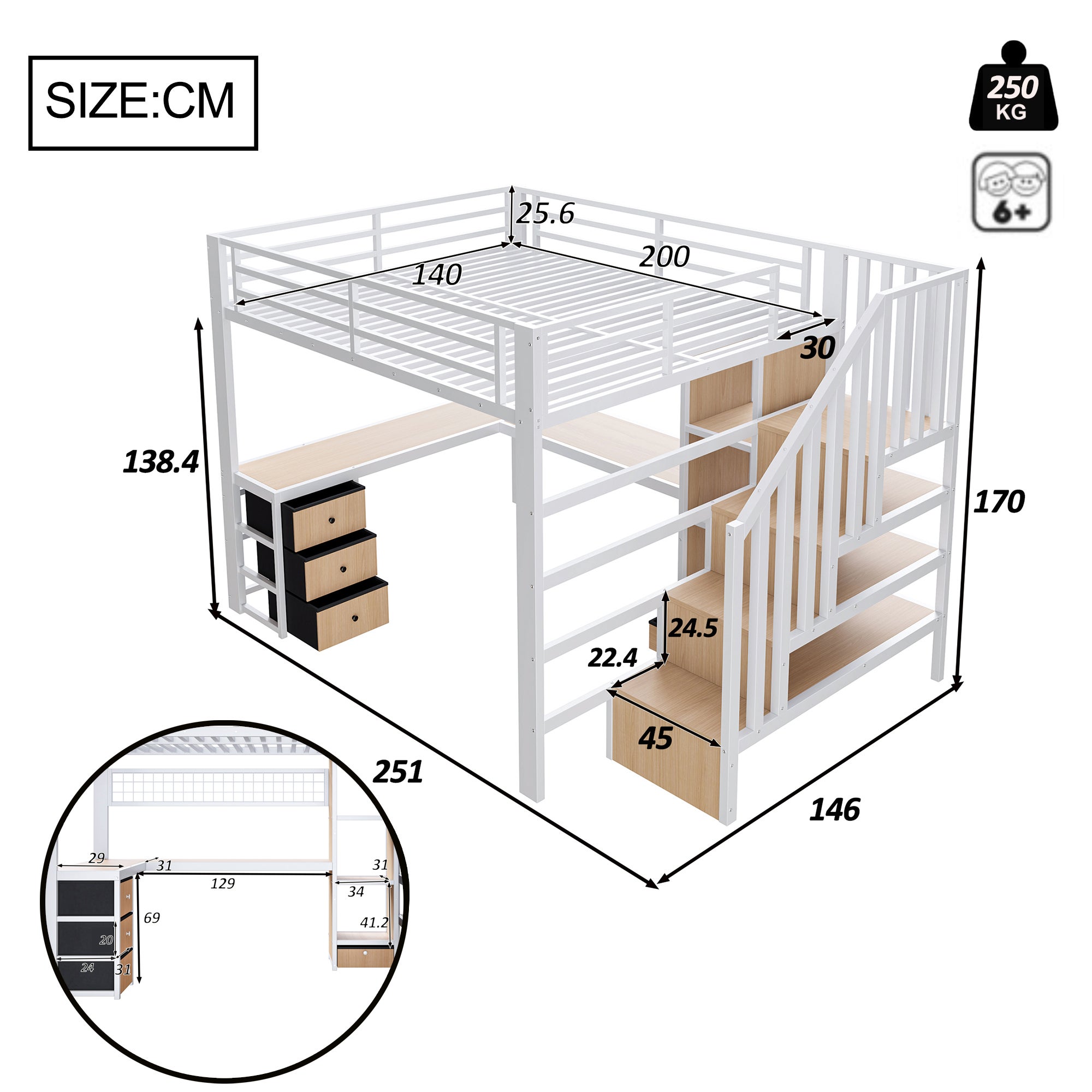 Lit mezzanine 140 x 200 cm avec bureau intégré, Lit adulte structure en fer avec penderie LED, 4 tiroirs et escalier de rangement, sans matelas, Blanc - 8