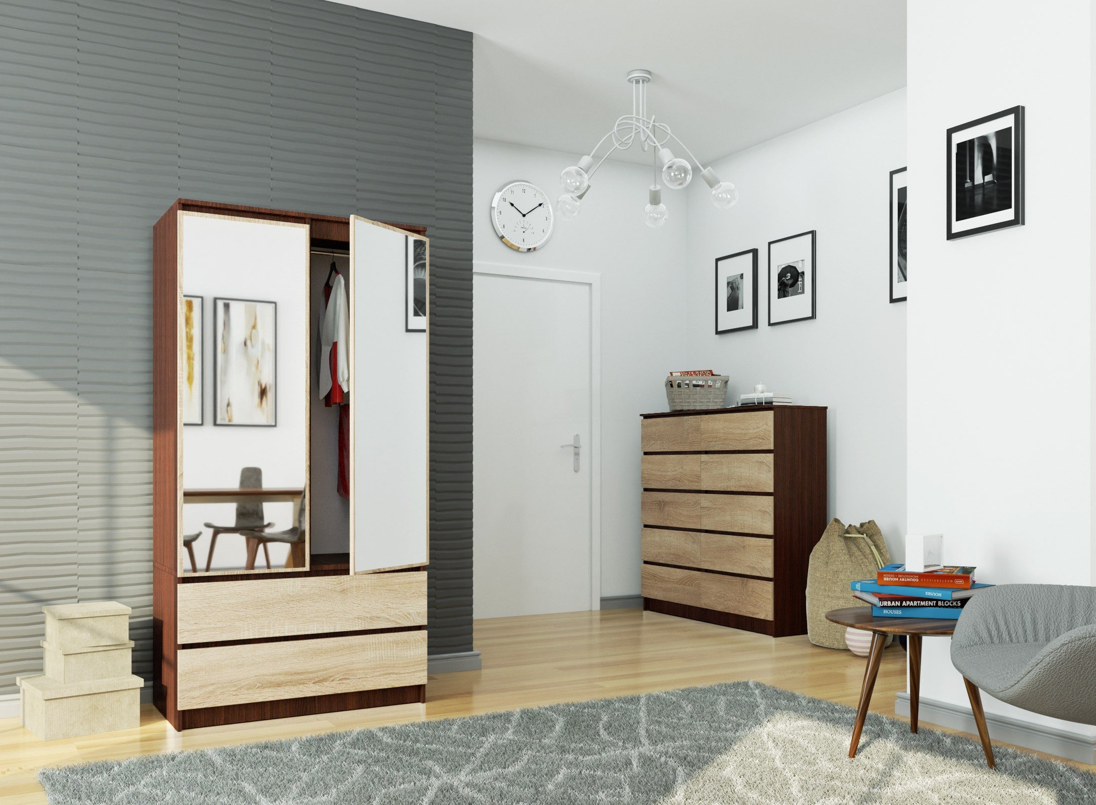 Armoire AKORD S90 avec miroir Wengé 90 cm 2 portes 2 tiroirs façade Chêne Sonoma 4 étagères 90x51x180 cm - 6