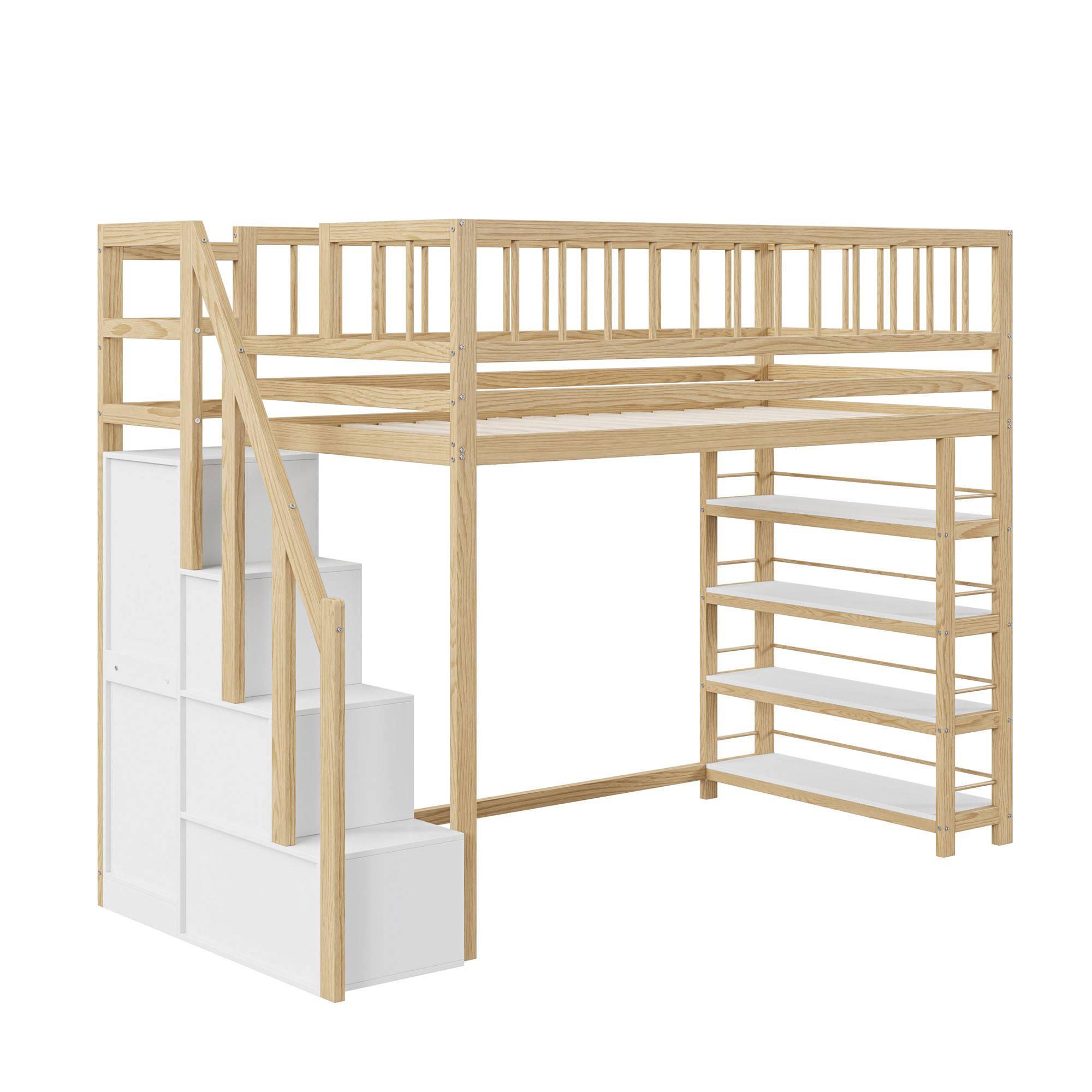 Lit superposé pour enfants 90 x 200, barrières hautes, avec armoire, échelle de sécurité, couleur bois d'origine - 5