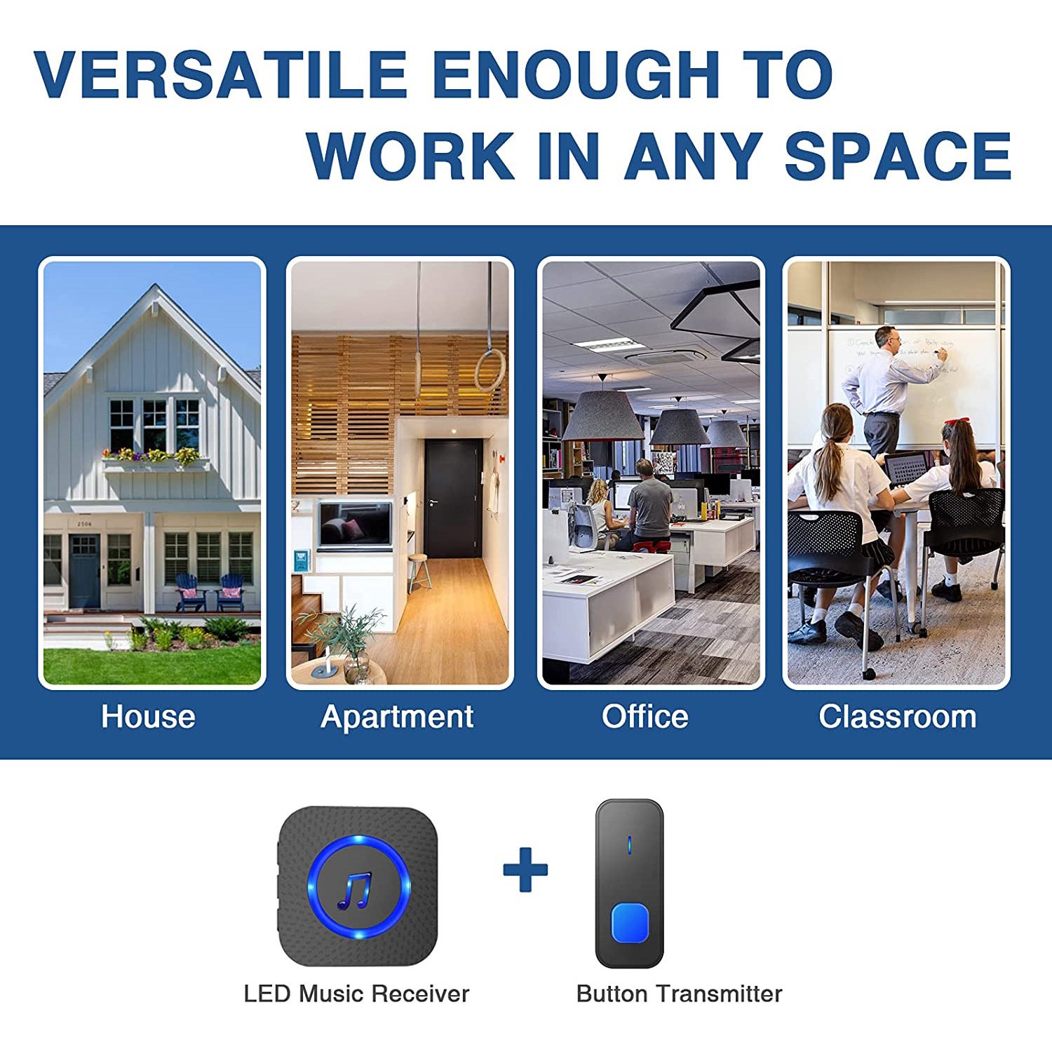 Sonnette sans fil, portée 400 m, étanchéité IP55, 55 mélodies, 5 niveaux de volume, voyant LED, pour la maison et l'hôtel (1 émetteur + 2 récepteurs) - 8