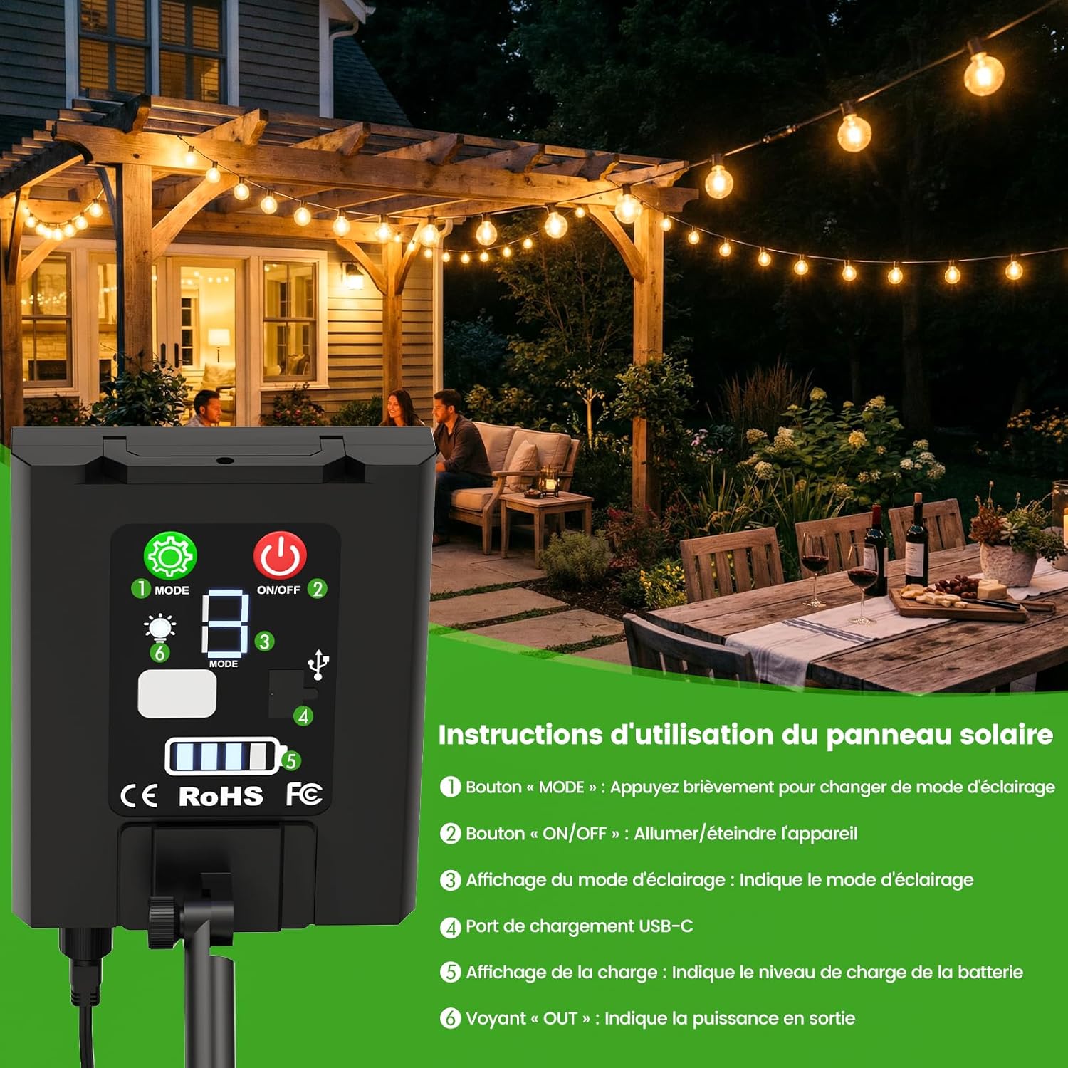 Guirlande lumineuse solaire d'extérieur avec télécommande LED réglable G40 pour balcon, terrasse, mariage, fête 15 m - 2