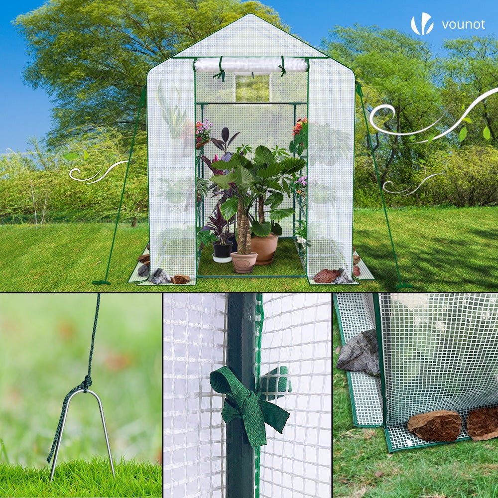 Serre de jardin avec étagères 143x215x195cm blanc - bâche renforcée 135g/m², fenêtre moustiquaire, porte enroulable zippée - VOUNOT® - 7