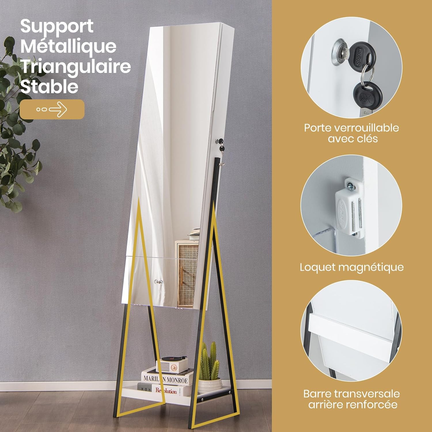 Armoire à Bijoux sur Pied-Miroir Pleine Longueur-Lumières LED 3 Couleurs-Verrouillable-Étagère de Maquillage Pliable Blanc - 4