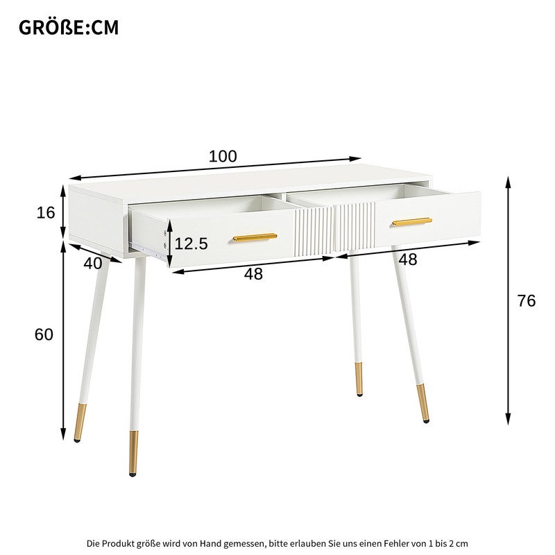 Coiffeuse moderne avec 2 tiroirs,L100×W40×H76cm,Table de maquillage,Pieds de table en métal,Convient pour la chambre,Blanc(sans tabouret) - 3