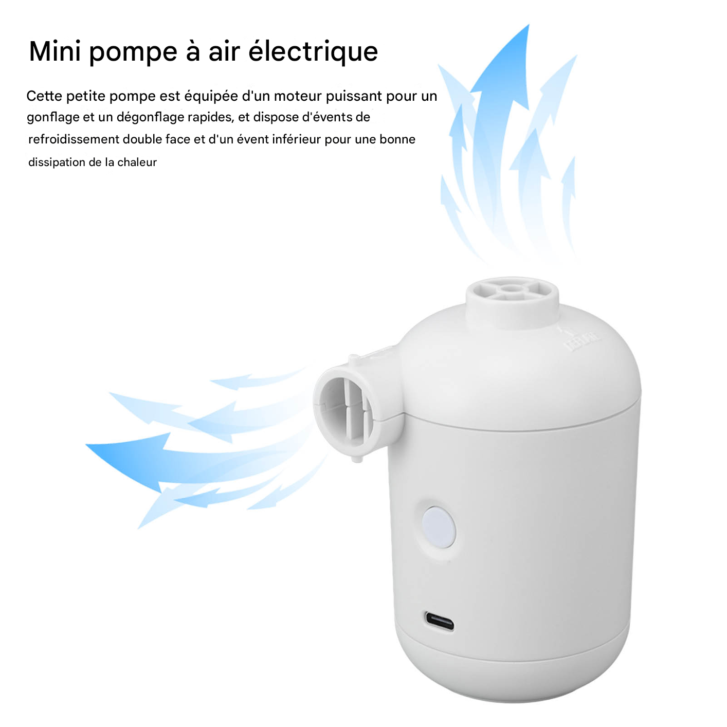 Bomba eléctrica portátil 0,3 psi para bolsas, colchones inflables, flotadores – Mini bomba USB 4 boquillas – ComfortXL - 3