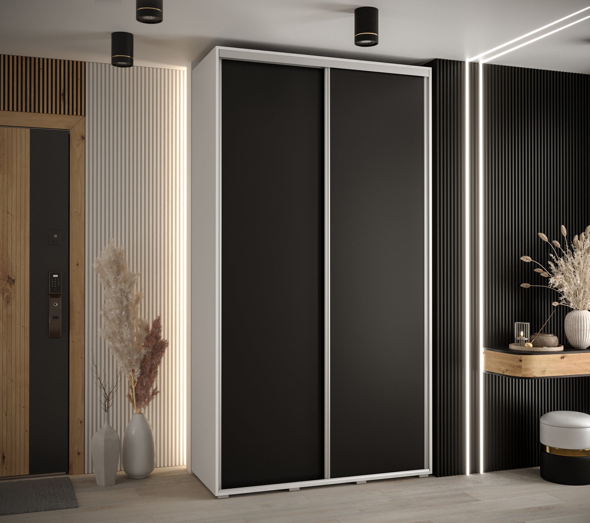 Szafa przesuwna wysoka Davos 1 130 x 45 x 235,2 cm biały + czarny + u. srebrny - Abiks Meble - 2