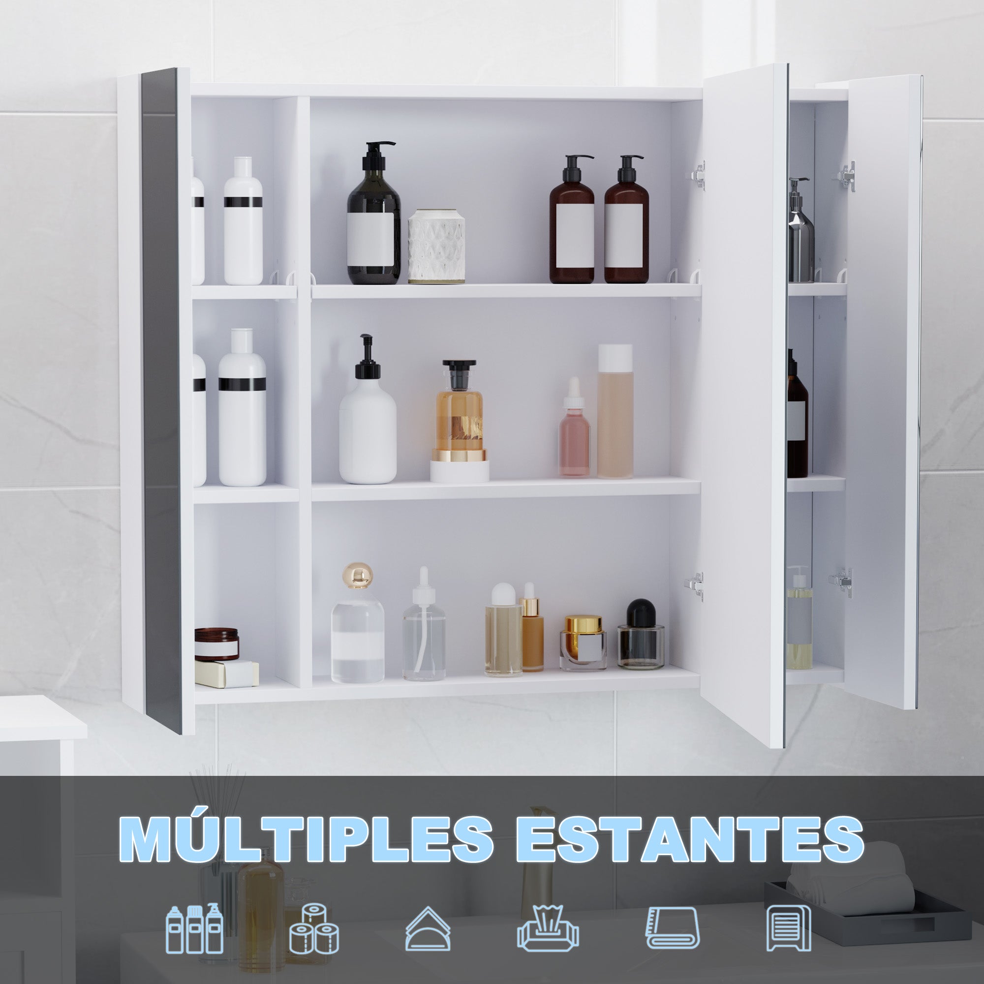 Armario de Baño con Espejo Luces LED Estantes Ajustables y USB Estilo Moderno 90x15x75 cm Blanco - 6