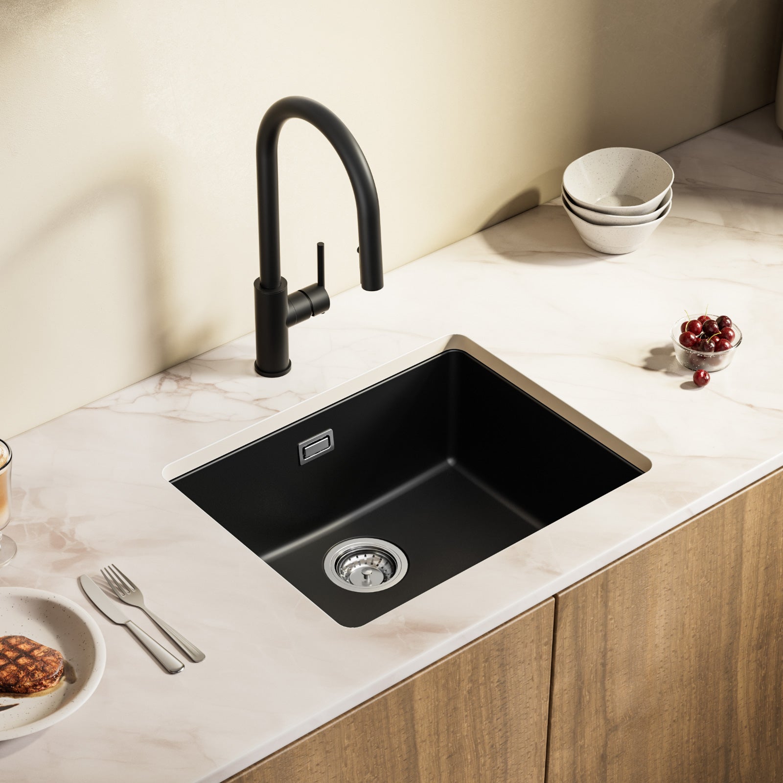 CECIPA MAX Fregadero Seno en Cuarzo y Resina Negro Gris 55*44