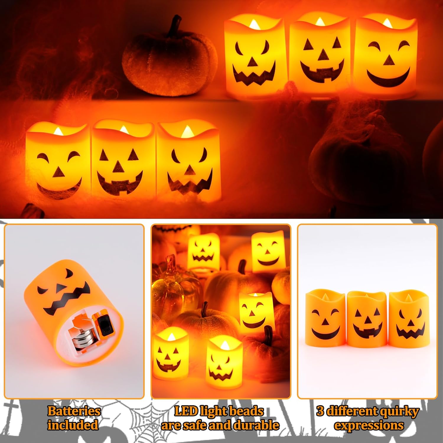 Lot de 6 Bougies LED Halloween – Bougies Citrouille Sans Flamme avec 3 Visages Différents, Fonctionnement à Piles, Décoration de Table pour Maison - 2