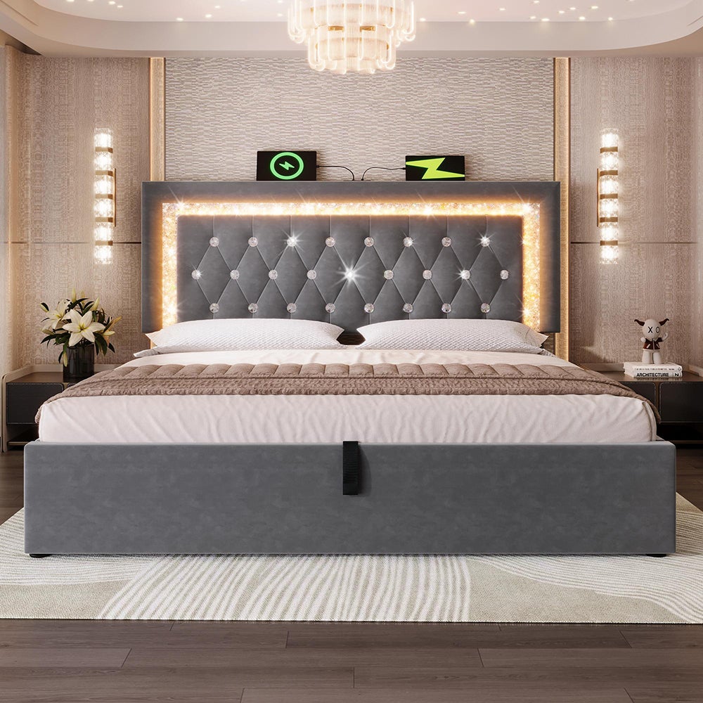 Łóżko tapicerowane, zagłówek z paskiem LED w kształcie rombów, stacja ładująca USB i Type-C, aksamit, szary (bez materaca) – 160 x 200 cm