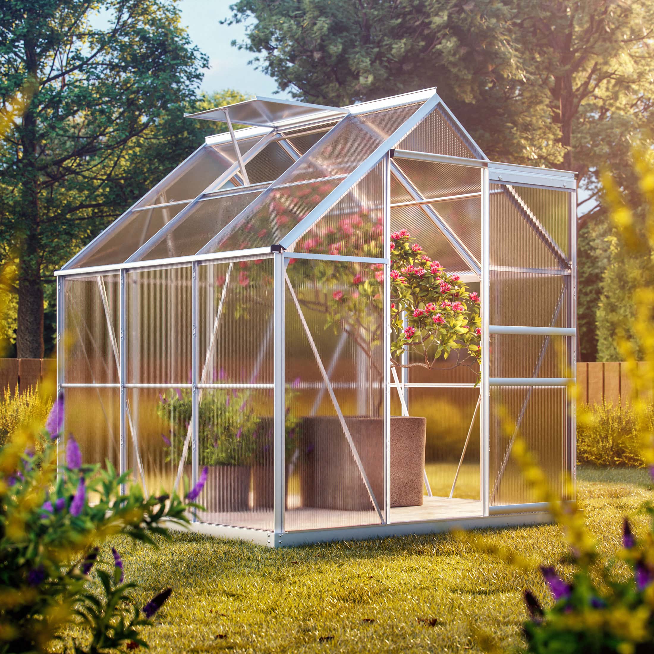 Serre de jardin aluminium 3,7m² avec fondation 190x190x195cm fenêtre de toit serre légumes herbes plantes 5,85m³ jardinage - 4