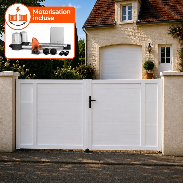 Portail battant électrique PVC blanc avec moteur Sentinel H 140 x L 350 ARLES DÉCOR INSERTS