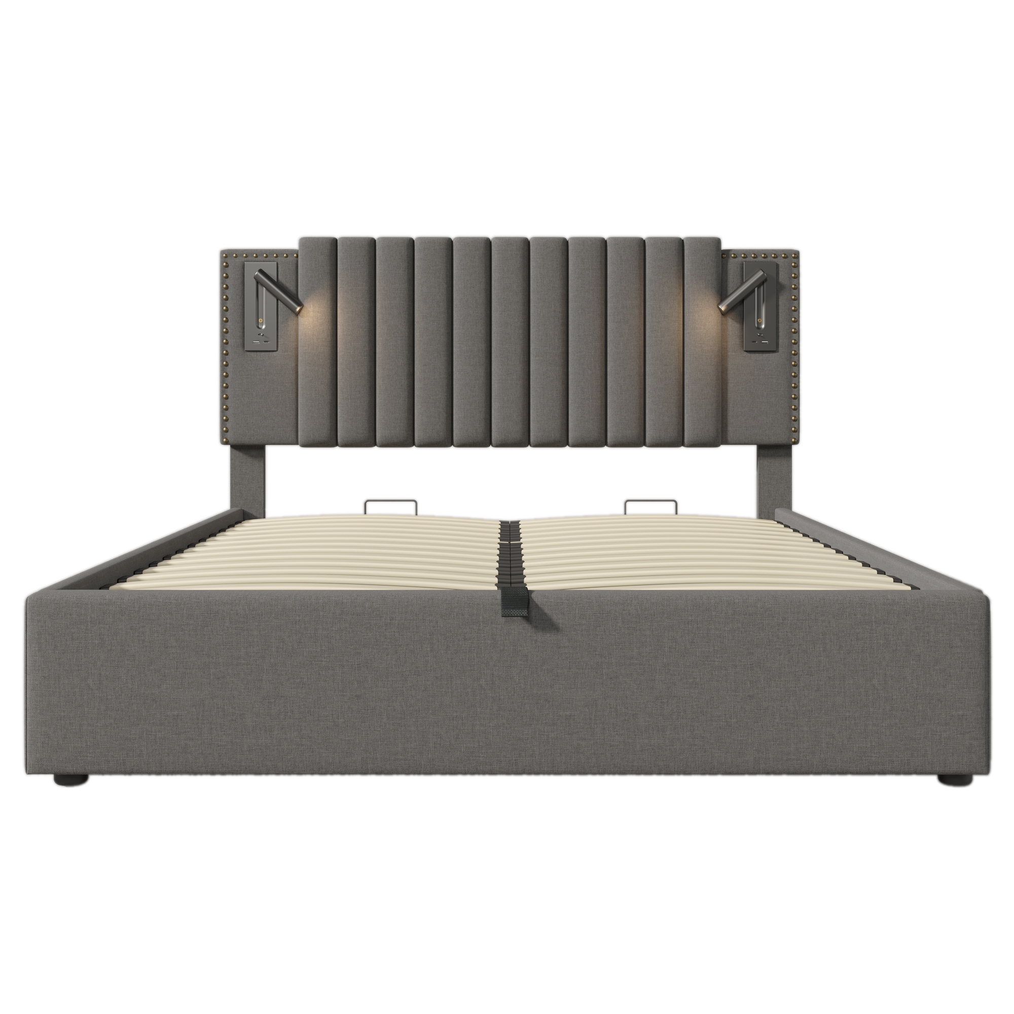 Cama contenedor de tela de algodón de 160x200 cm - con luces de lectura y puertos de carga USB - con somier - Gris - 8