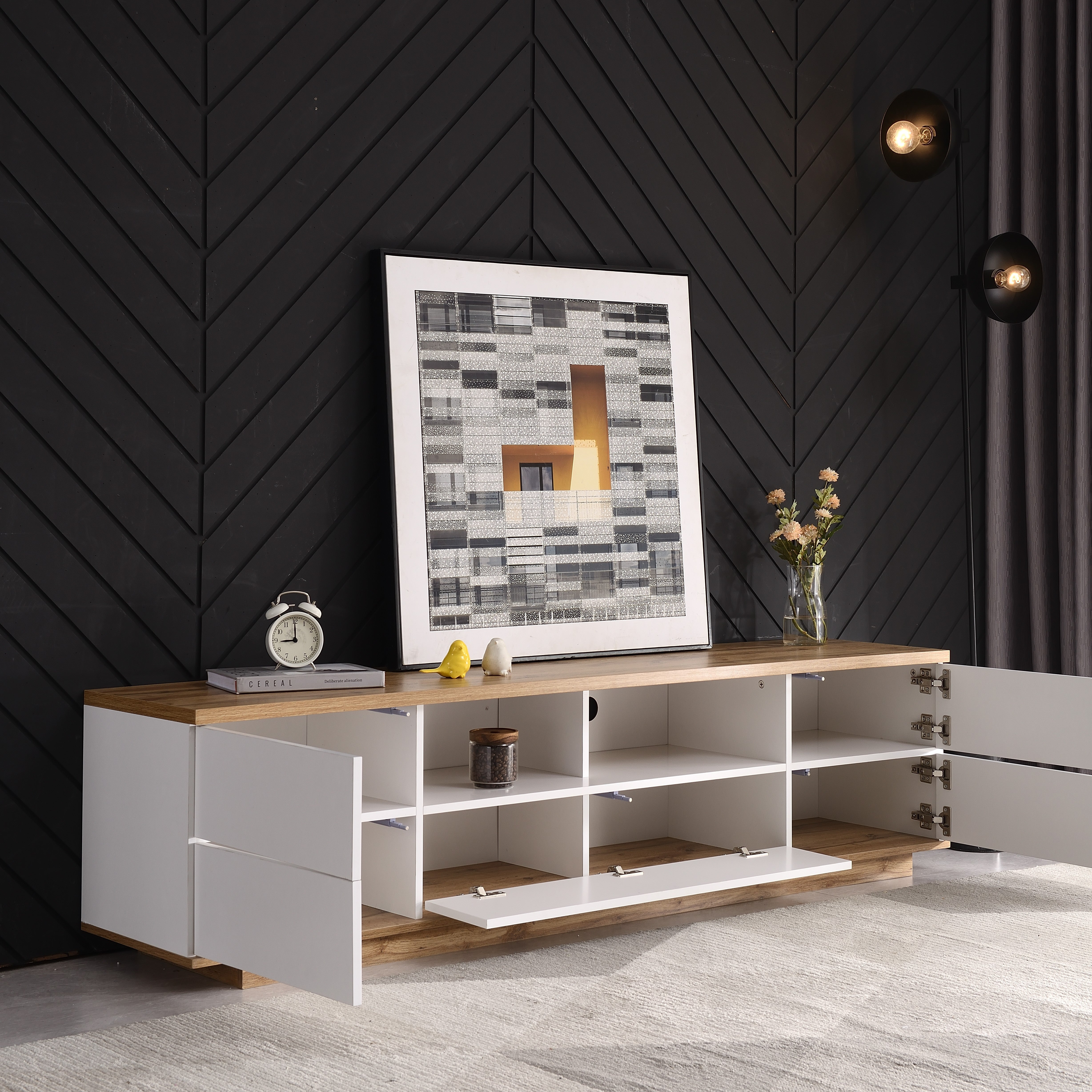 Meuble TV scandinave contemporain 180cm en bois - 5 portes + 8 compartiments - Naturel & Blanc - 3