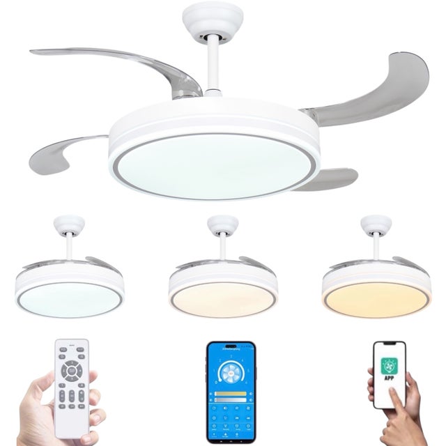 Ventilador de techo con luz LED 36W Blanco en 3 Temperaturas de Luz con Mando a Distancia -Motor DC Eficiente y Silencioso, 3 tonalidades, aspas despl