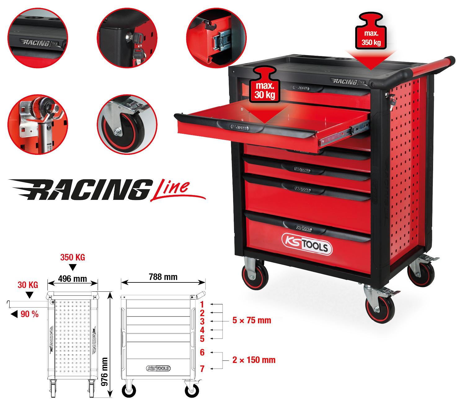 KS TOOLS RACINGline Servante d'atelier NOIR/ROUGE avec 7 tiroirs - 4