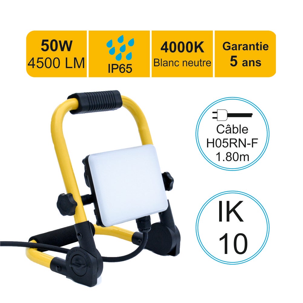 Lampe De Travail LED 50W Rechargeable - 4500 Lumens, étanche, 6 Modes - Pour Garage, Extérieur