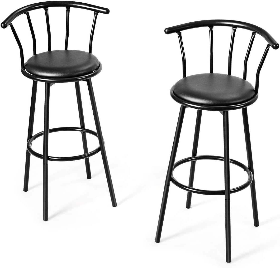 Zestaw 2 Obrotowych Stołków Barowych z Oparciem i Podnóżkiem, Wygodne Siedzisko z Wyściełanym Siedziskiem z Gąbki (Wzór w Paski)