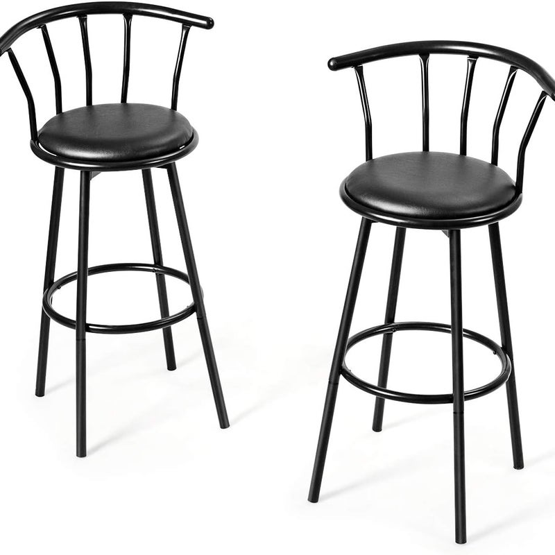 Zestaw 2 Obrotowych Stołków Barowych z Oparciem i Podnóżkiem, Wygodne Siedzisko z Wyściełanym Siedziskiem z Gąbki (Wzór w Paski)