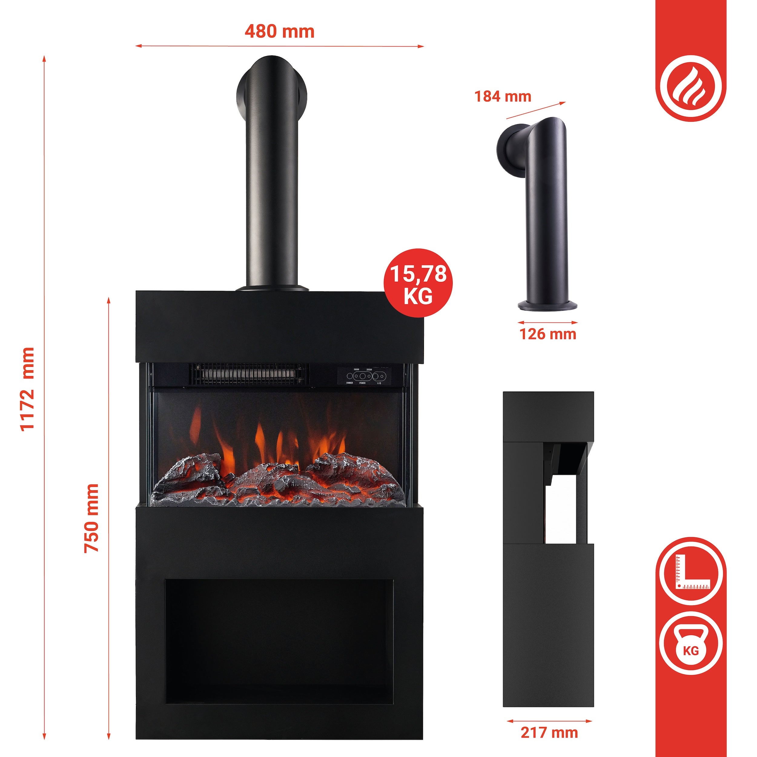 KAMINIO Cheminée Électrique HENRI avec Tuyau - Poêle avec Chauffage, Effet de flamme 3D, Compartiment à bois, Télécommande - Noir - 6