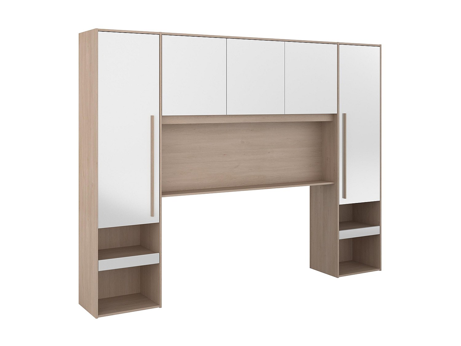 Pont de lit avec rangements - Avec LEDs - L265 cm - Coloris : Blanc brillant et naturel - VELONA - 7