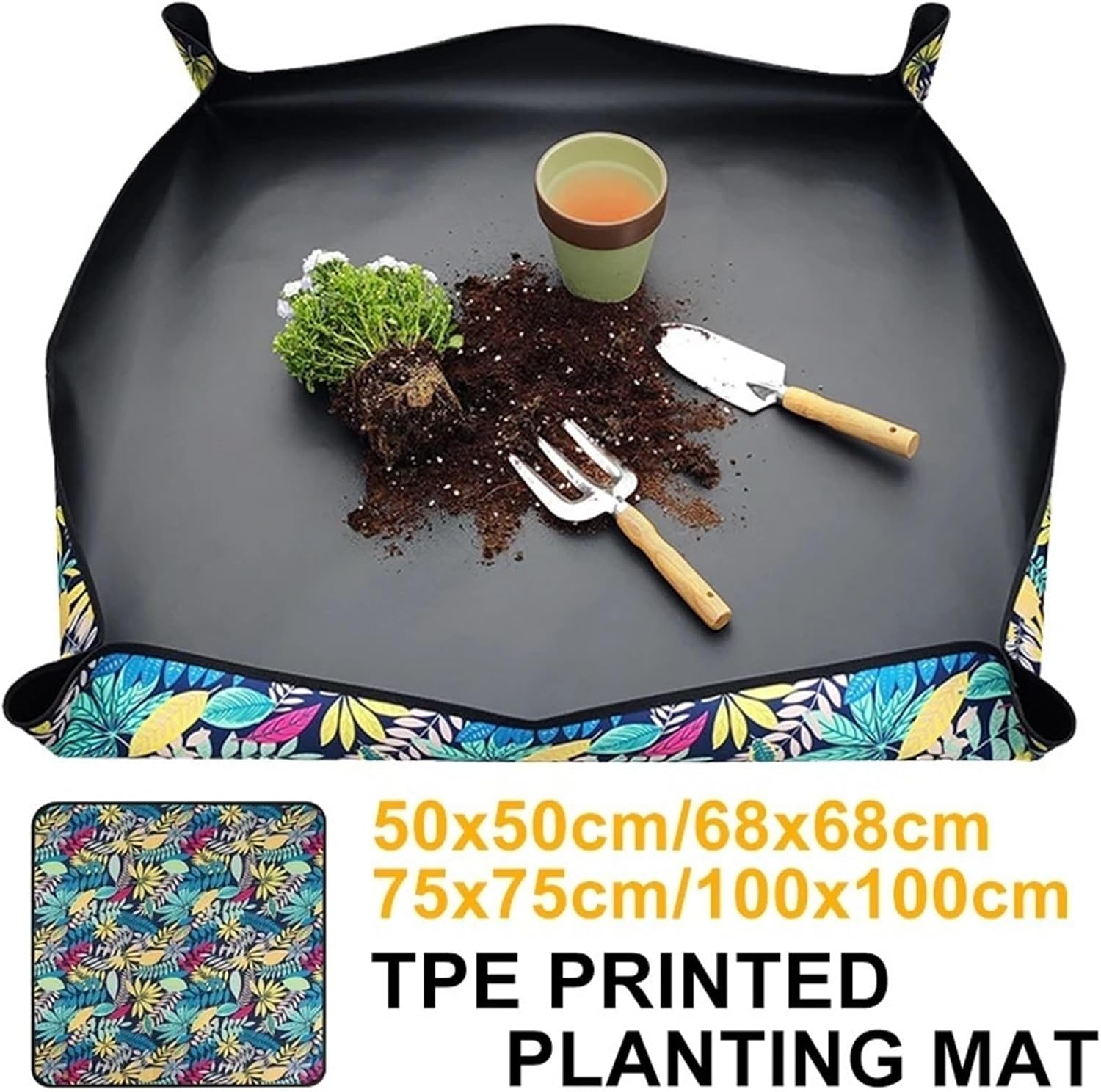 Tapete de plantio impermeável pintado, dobrável, para replantio de plantas de jardim, vasos de flores e transplante (68x68cm) - 5