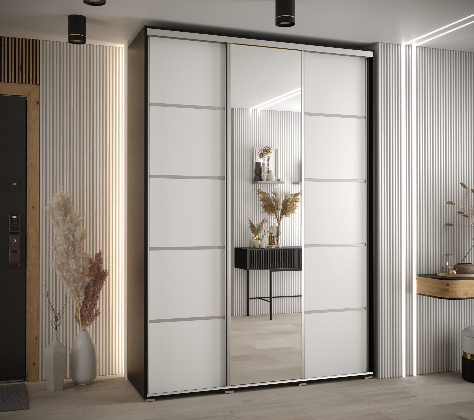 Szafa przesuwna z lustrem wysoka Davos 5 170 x 60 x 235,2 cm czarny + biały + u. srebrny - Abiks Meble - 2