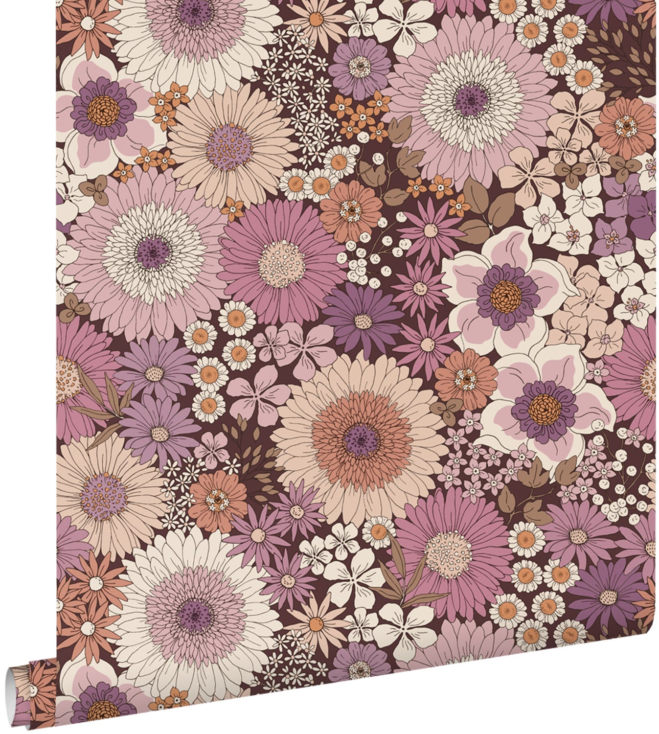 Tapeta retro kwiaty fioletowego mauveIterakoty różowej - 53 cm x 10.05 m - ESTAHOME