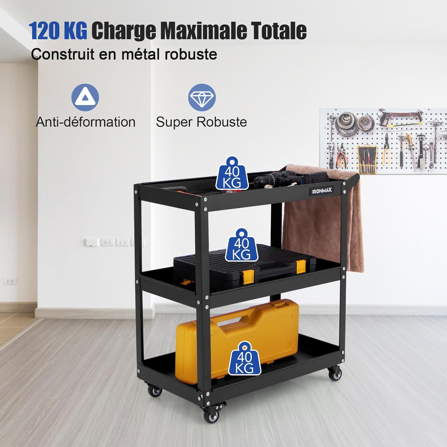 Carrello Portautensili a 3 Livelli, Carrello Metallico Resistente con 3 Ripiani, 4 Ruote Universali con 2 Freni, per Garage, Casa, Magazzino, - 6