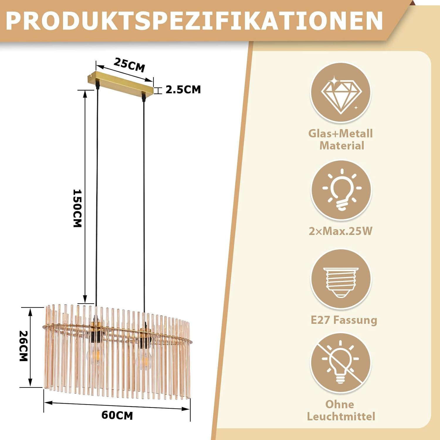 ZMH Lampa wisząca E27 Złote szkło 2 płomienie do kuchni salonu (bez żarówki) - 2