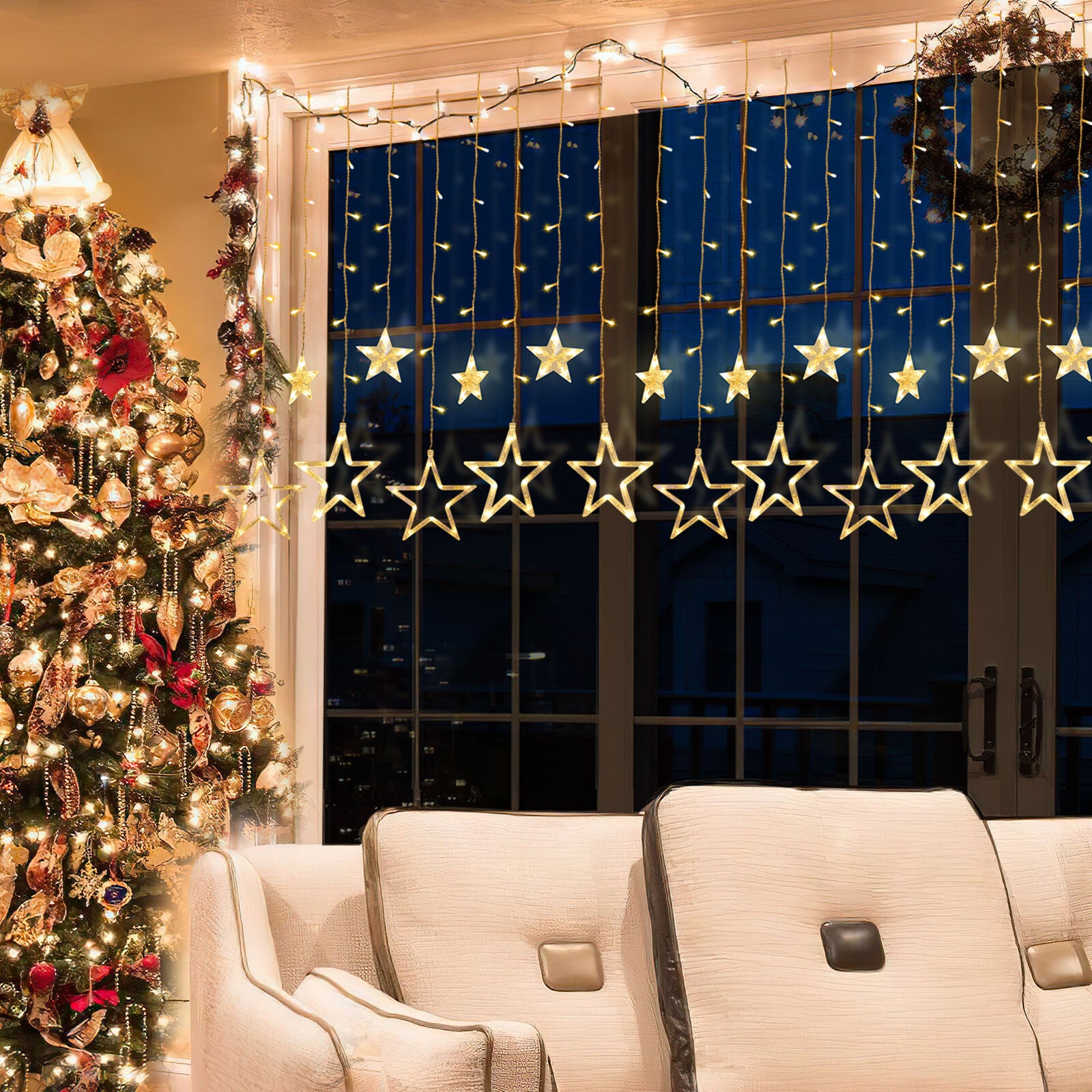 138 LED Guirlandes lumineuses Étoiles Rideau Lumineux Intérieur/Extérieur 8 Modes rideaux elumières décoratives de jardin plein air Noël Fête - 6