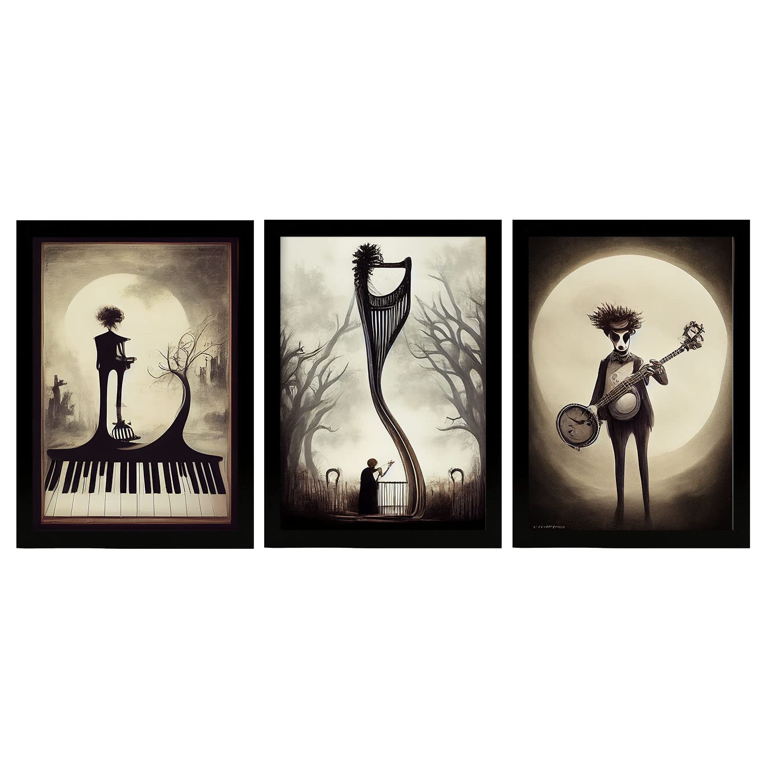 Nacnic set de 3 posters música al estilo de t burton ilustraciones de profesiones y oficios inspiradas en arte gótico diseño y a4 marco negro